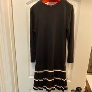 Vintage KNIT BLACK DRESS Drop Waist PLEATED BOTTOM w/ brown white stripe ~ sz 4
